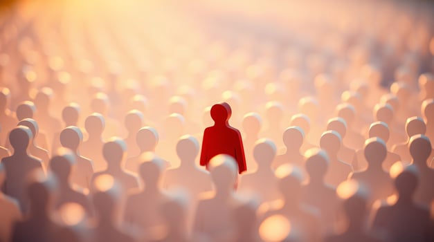 A single red figure stands out from the crowd, Individuality concept, CEO, Leadership photo