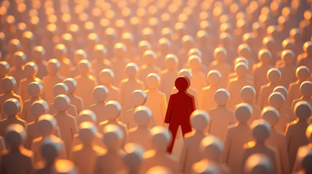 A single red figure stands out from the crowd, CEO, Leadership, Individuality concept, Think different photo