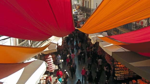 Colorful awnings shade a bustling market street. photo