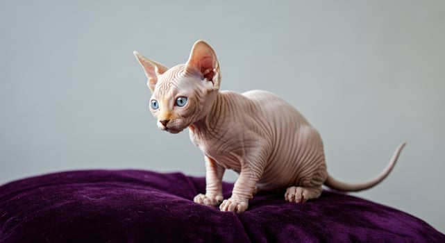 Sphynx kitten sitting on purple velvet cushion, blue-eyed cat with unique features photo