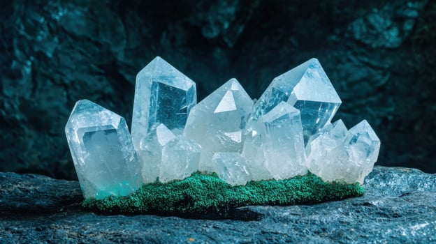 Cluster of clear quartz crystals on moss covered rock photo
