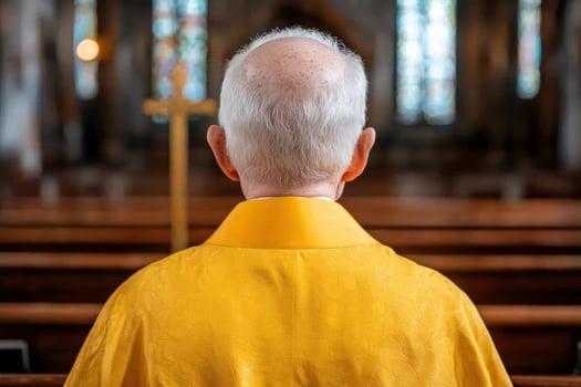 elderly man in yellow robe praying in church photo
