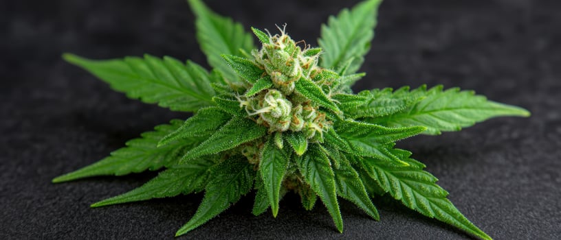Close up of a cannabis plant with green leaves and a flowering bud photo