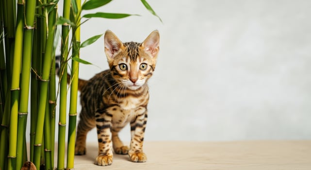 Bengal kitten exploring bamboo stalks in a natural setting photo