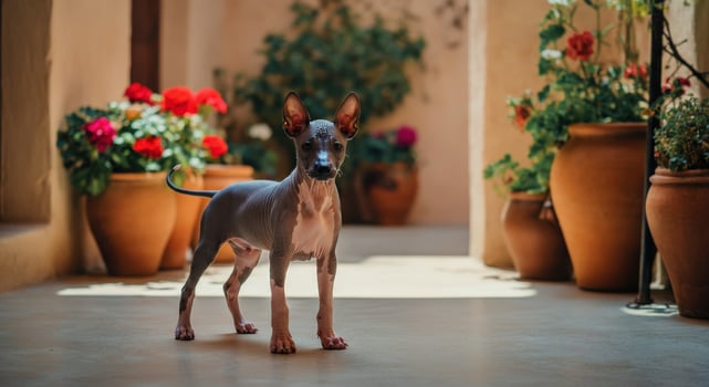 Cute hairless puppy in a vibrant mediterranean courtyard with colorful flowers photo