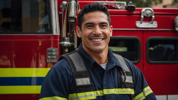 A smiling firefighter standing in front of a fire truck photo