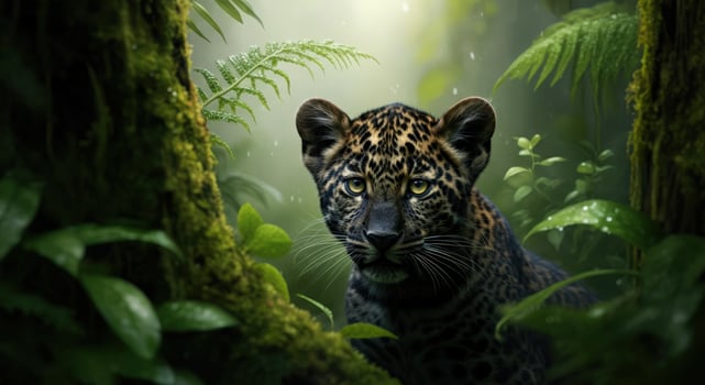 Majestic leopard in lush rainforest setting with sunlit ferns for wildlife art and conservation themes photo