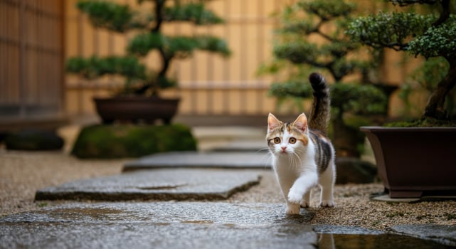 Curious cat exploring serene japanese garden with stone path and bonsai trees photo