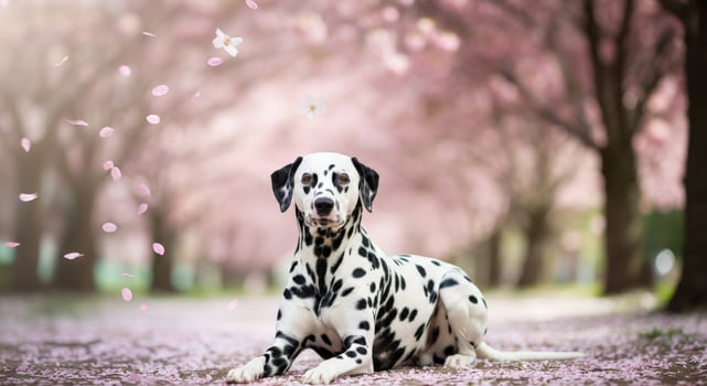 Dalmatian relaxing under cherry blossoms in a tranquil park setting photo