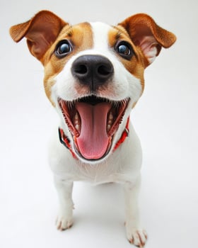 A cheerful puppy captures joy with a wide-open mouth and sparkling eyes, radiating cuteness in a studio environment photo