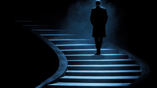 A lone person climbs brightly lit stairs, disappearing into a dark and enigmatic environment photo