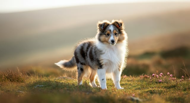 Beautiful shetland sheepdog puppy in sunlit meadow during golden hour exploration photo