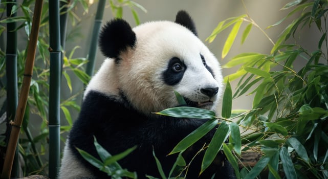 Adorable panda eating bamboo in lush forest habitat photo
