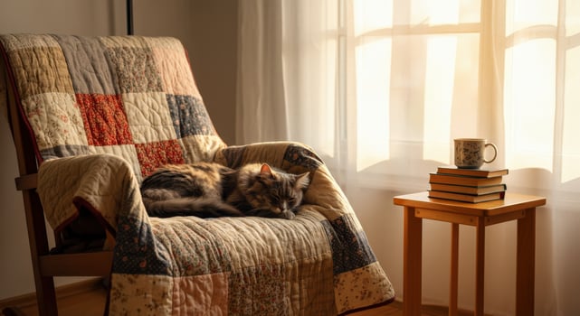 Cozy morning scene with cat relaxing on quilted chair and sunlit reading nook photo