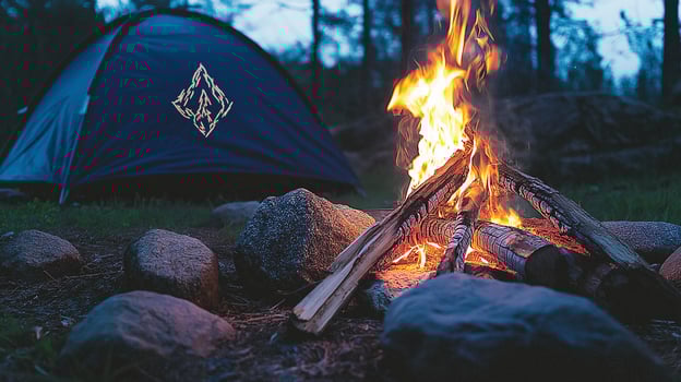 Campfire and tent under twilight sky photo