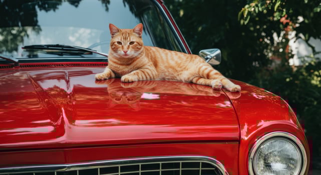 Relaxed ginger cat lounging on vintage red car in sunlit garden setting photo
