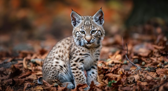 Young lynx in autumn forest surrounded by colorful fallen leaves photo