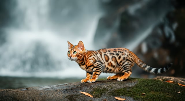 Bengal cat exploring near a waterfall in a lush nature setting photo