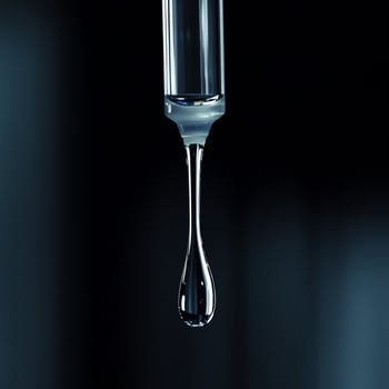 Close-up of a liquid drop forming at the tip of a pipette against a dark background, capturing the moment before it falls. photo