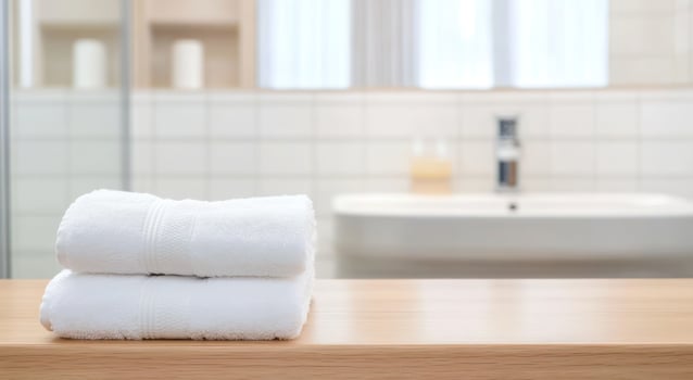Clean White Bath Towels on Wooden Shelf in Modern Bathroom photo