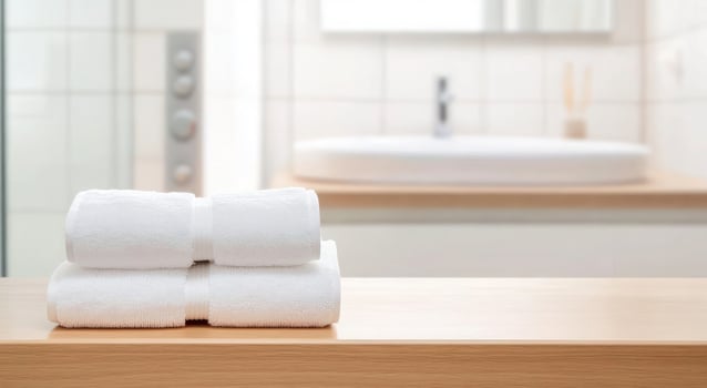 Clean White Bath Towels on Wooden Counter Bathroom Interior photo