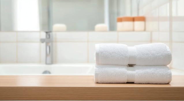 Clean White Bath Towels on Wooden Counter Bathroom Interior photo