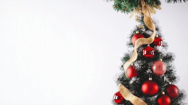 Festive Christmas Tree with Red Ornaments Gold Ribbon photo