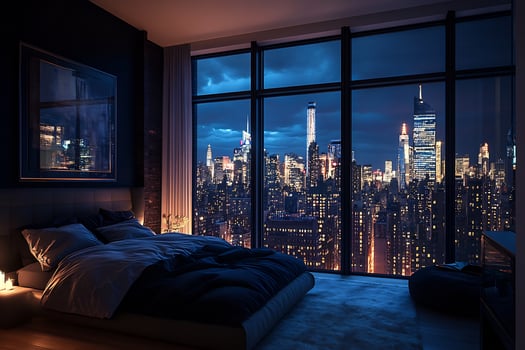 A bedroom with a view of the city at night photo