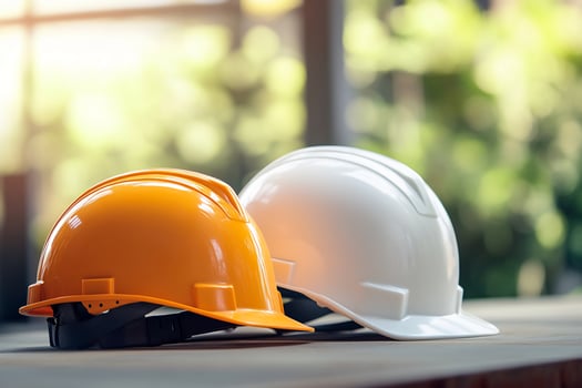 Two hard hats sitting on a table photo