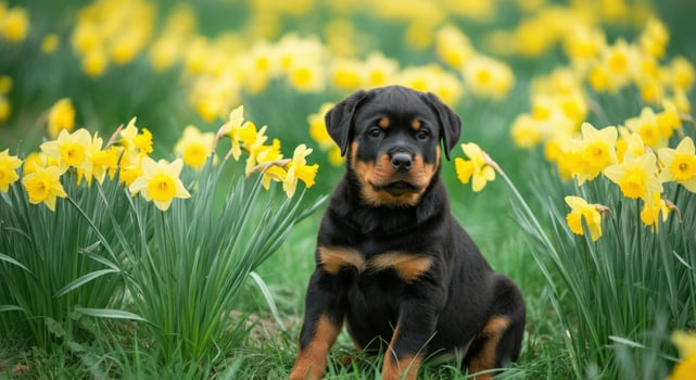 Rottweiler puppy sitting among vibrant yellow daffodils in lush green field photo
