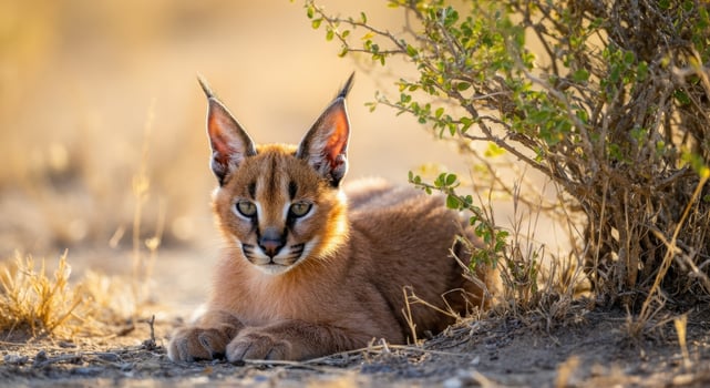 Young caracal resting in african savannah habitat under warm sunlight photo
