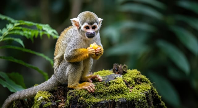 Curious squirrel monkey on mossy tree stump in lush jungle environment photo