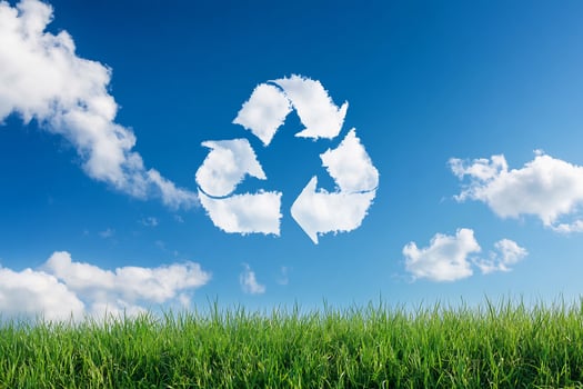 Recycling symbol on grass with blue sky and clouds photo