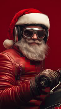 Biker santa claus wearing aviator goggles and riding motorcycle photo
