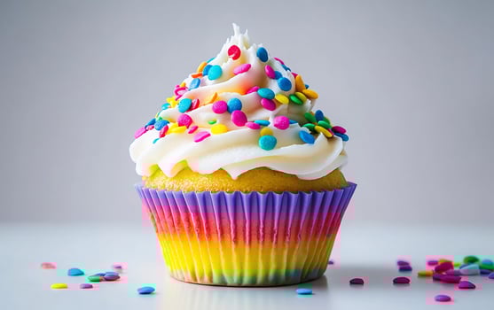 A cupcake with rainbow sprinkles on top photo