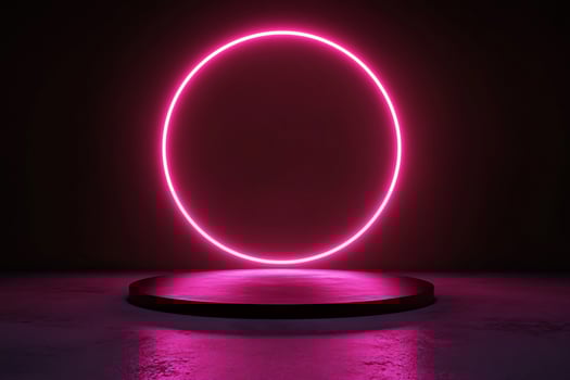 A neon pink circle on a pedestal in front of a dark room photo
