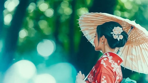 A woman in a kimono holding an umbrella photo