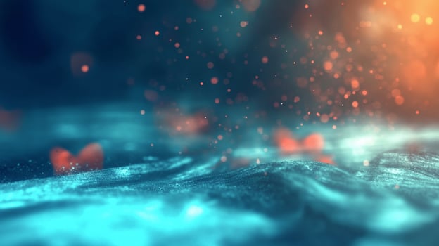 A blue and orange background with hearts floating in the water photo