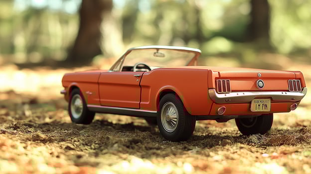 An orange mustang convertible is parked in the woods photo