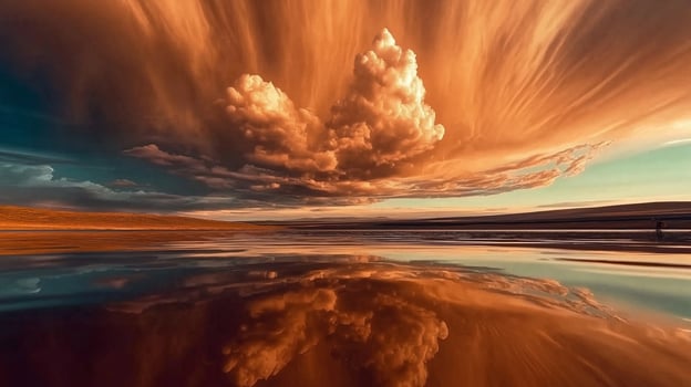 A beautiful sunset over a lake with clouds reflected in it photo