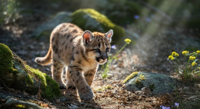 Young cougar cub exploring sunlit forest floor among mossy rocks photo