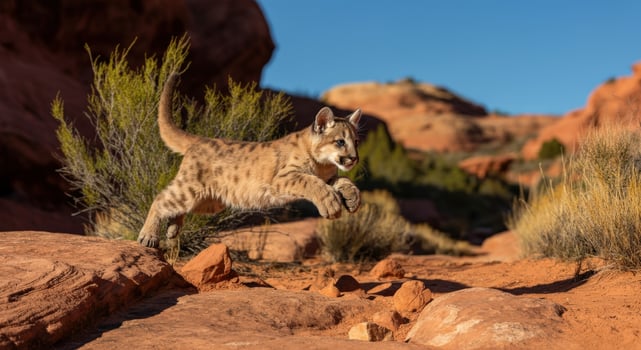 Young puma leaping across desert landscape amidst red sandstone formations photo