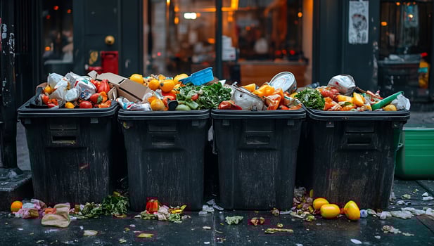 A group of garbage cans with food in them photo