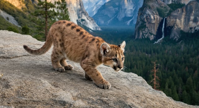 Young mountain lion cub exploring rocky terrain in majestic mountainous landscape photo