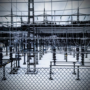 High contrast shot of transformer station with lots of electrical equipment photo