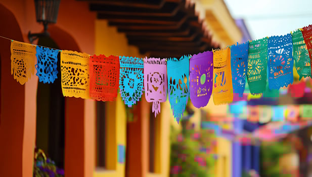 Colorful paper flags hanging from a building photo