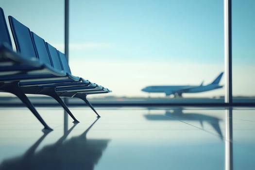 An airport terminal with chairs and an airplane photo