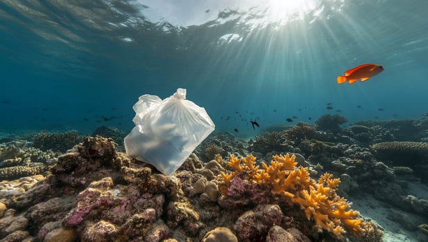 Plastic bag on coral reef photo