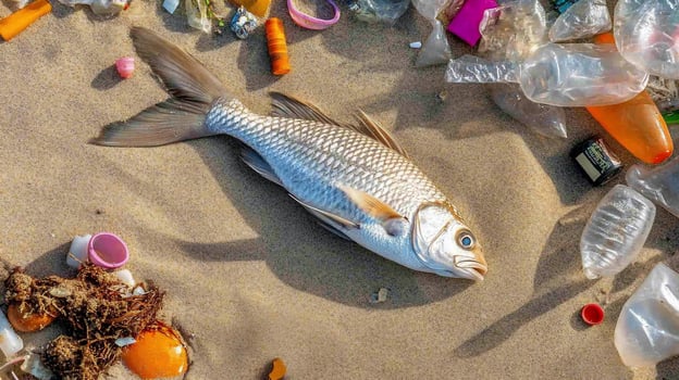 A dead fish lies on the sand surrounded by plastic bottles and other garbage photo