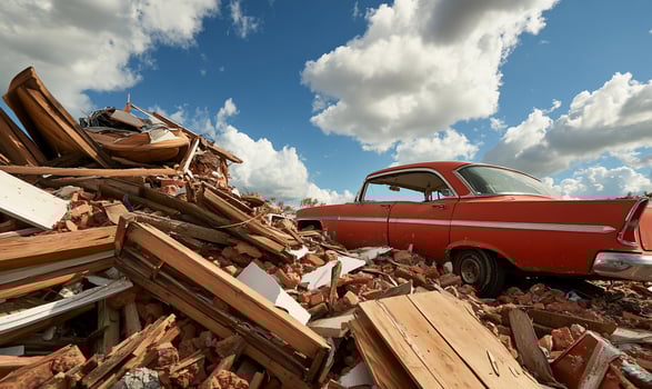 A red car sits in a pile of rubble photo
